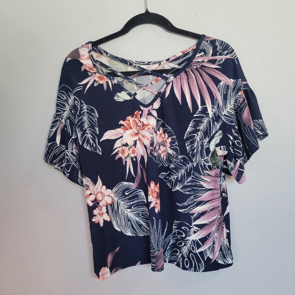 Tropical Floral Crisscross V-Neck Flutter Sleeve Navy Blue Blouse Top RN 144170